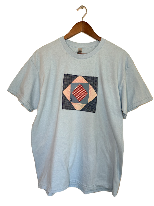 Light Blue Diamond in the Square Quilt Block T-Shirt (Large)